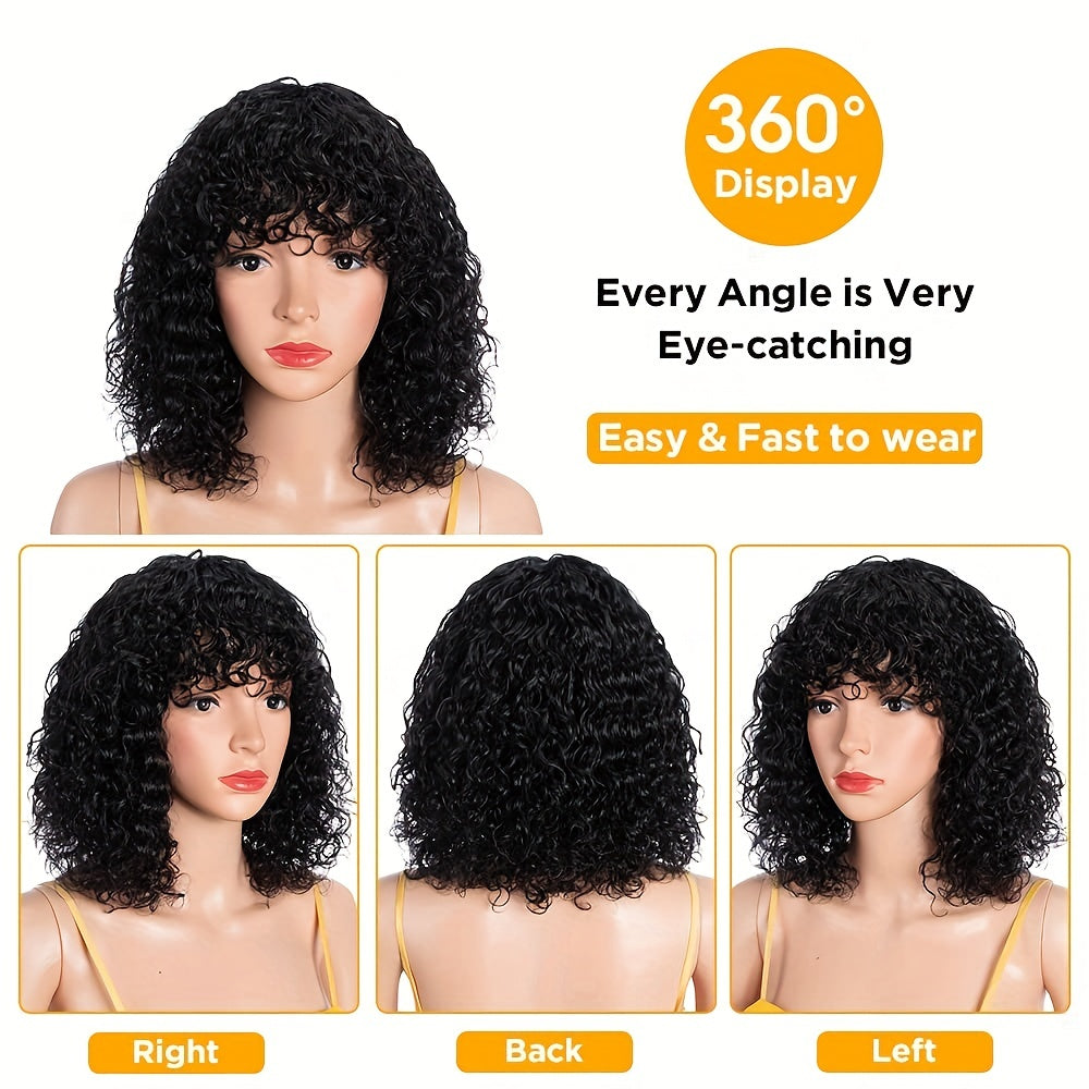 Curly Wave Short Bob 100% Human Hair Wig With Bangs For Women 150% Density Full Machine Made Wig Natural Black Color ( 8-16 Inch)