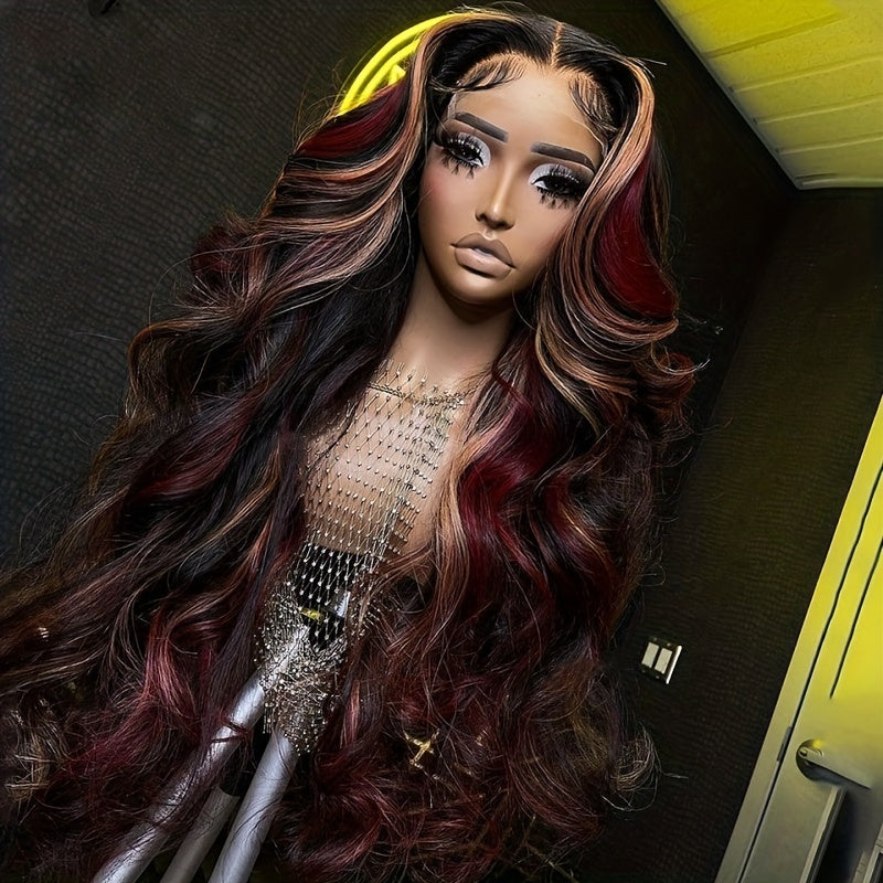 Highlights Red Blonde Colored Body Wave 13x4 Transparent Lace Frontal Wig Human Hair Wigs PrePlucked Wig For Women