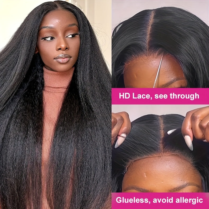 Kinky Straight 4x4 HD Transparent Lace Front Human Hair Wigs Pre Plucked Lace Closure Wigs 180% Density Yaki Straight Wigs Wear And Go Glueless Wigs