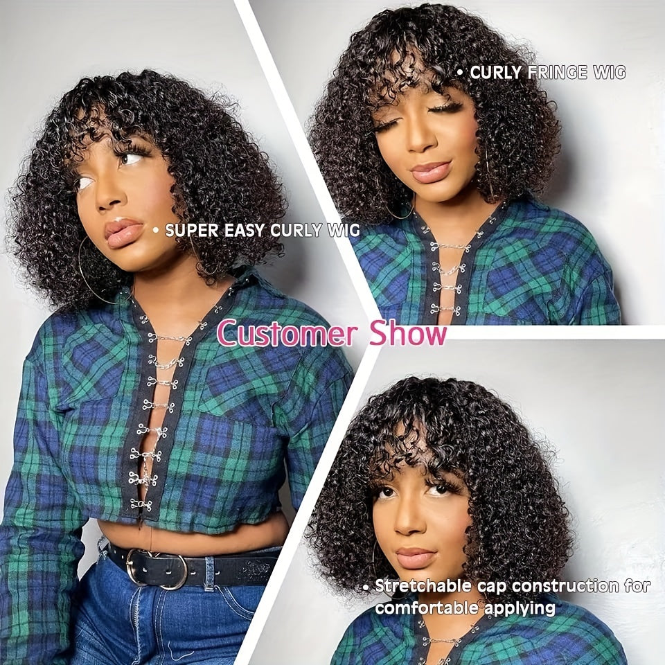 Curly Wave Short Bob 100% Human Hair Wig With Bangs For Women 150% Density Full Machine Made Wig Natural Black Color ( 8-16 Inch)