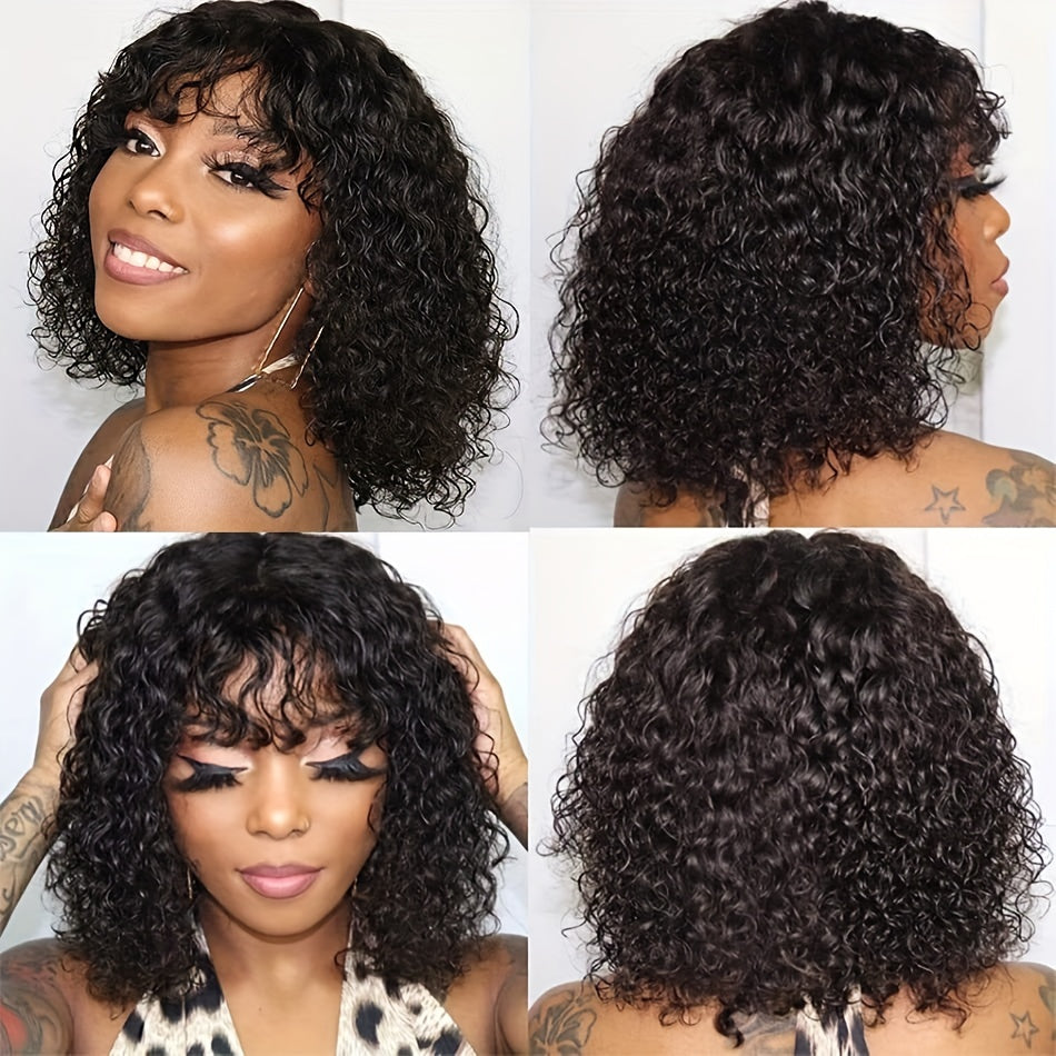 Curly Wave Short Bob 100% Human Hair Wig With Bangs For Women 150% Density Full Machine Made Wig Natural Black Color ( 8-16 Inch)