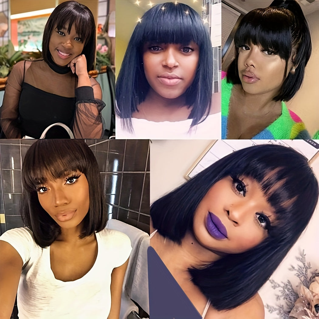 Short Bob Human Hair Wigs With Bangs Brazilian Virgin Straight Short None Lace Front Wigs Machine Made For Women Girls Natural Color 8-14 Inch