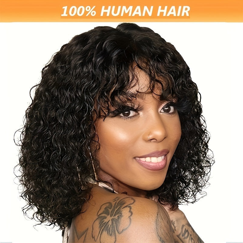 Curly Wave Short Bob 100% Human Hair Wig With Bangs For Women 150% Density Full Machine Made Wig Natural Black Color ( 8-16 Inch)