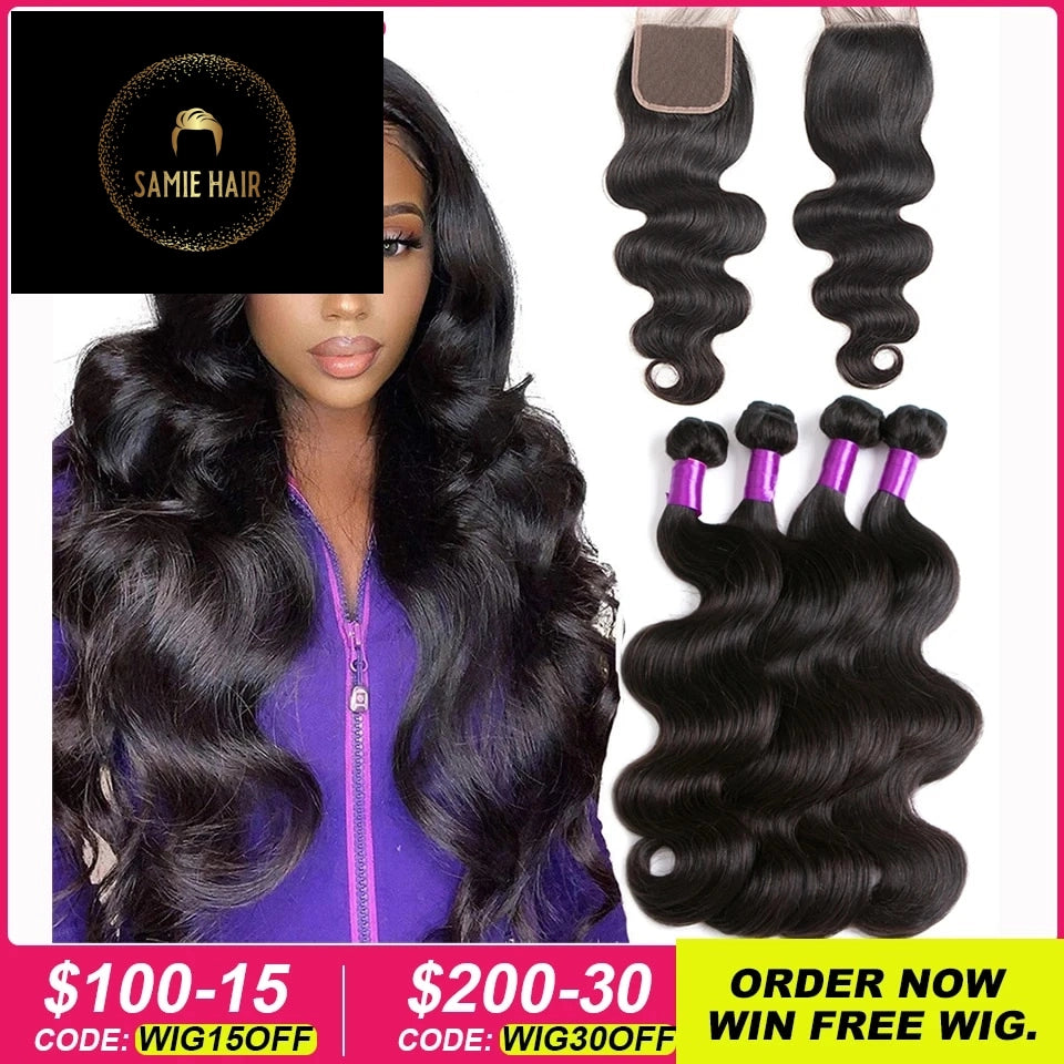 Body Wave Bundles With Closure Brazilian Hair Weave 3/4 Bundles With Closure Natural Human Hair Bundles With Closure