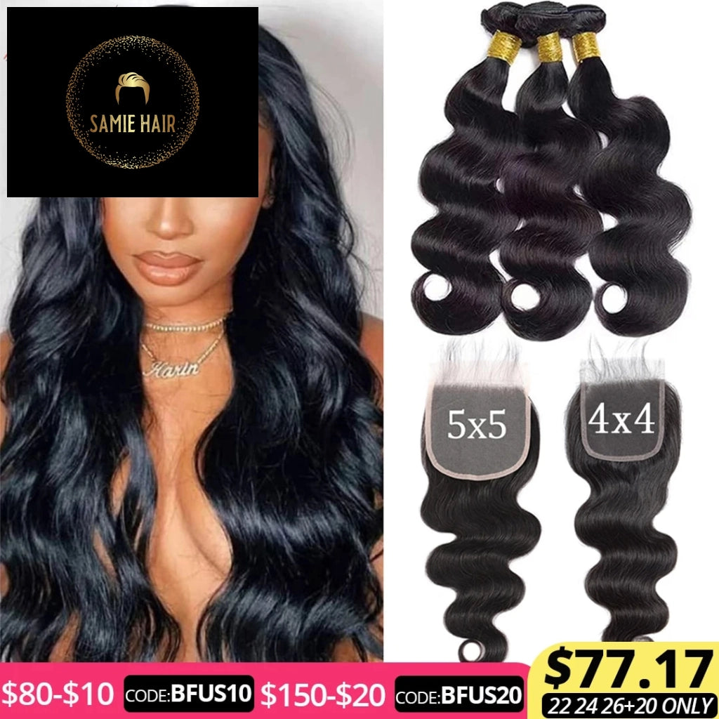 Body Wave Bundles With Closure Brazilian Hair Weave Bundles With Closure Frontal Human Hair Bundles With 4X4 5x5 Lace Closure