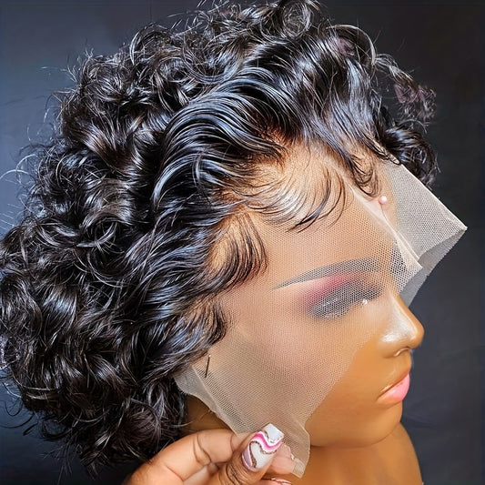 180% Density 13x1 Lace Front Human Hair Wig 6 Inch Short Pixie Cut Wigs Short Bob Curly 13*1 Lace Frontal Human Hair Wigs Transparent Front Lace Wigs For Women