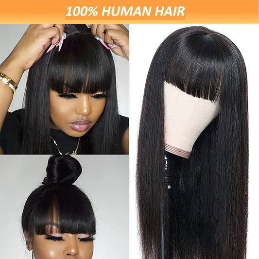 180% Density Human Hair Wig Silky Straight Human Hair Wigs With Bangs None Lace Front Wigs For Women Unprocessed Brazilian Virgin Human Hair Wigs Machine Made Glueless Wigs
