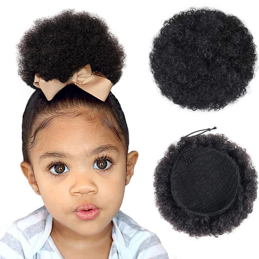 Kids Hair Puff Natural Black Mini Afro Puff Drawstring Ponytail 2PC 4 Inch Kinky Curly Hair