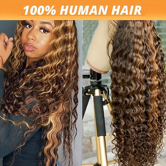 Highlight Wig Human Hair 13X4 Deep Wave Frontal Wig P4/27 Honey Blonde Highlighted Lace Frontal Wigs For Women
